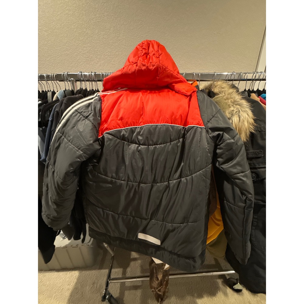 Adidas Puffer Jacket Womens XL Red Grey Colorblock Hooded 3 Stripe‎ Winter Coat - Picture 6 of 6